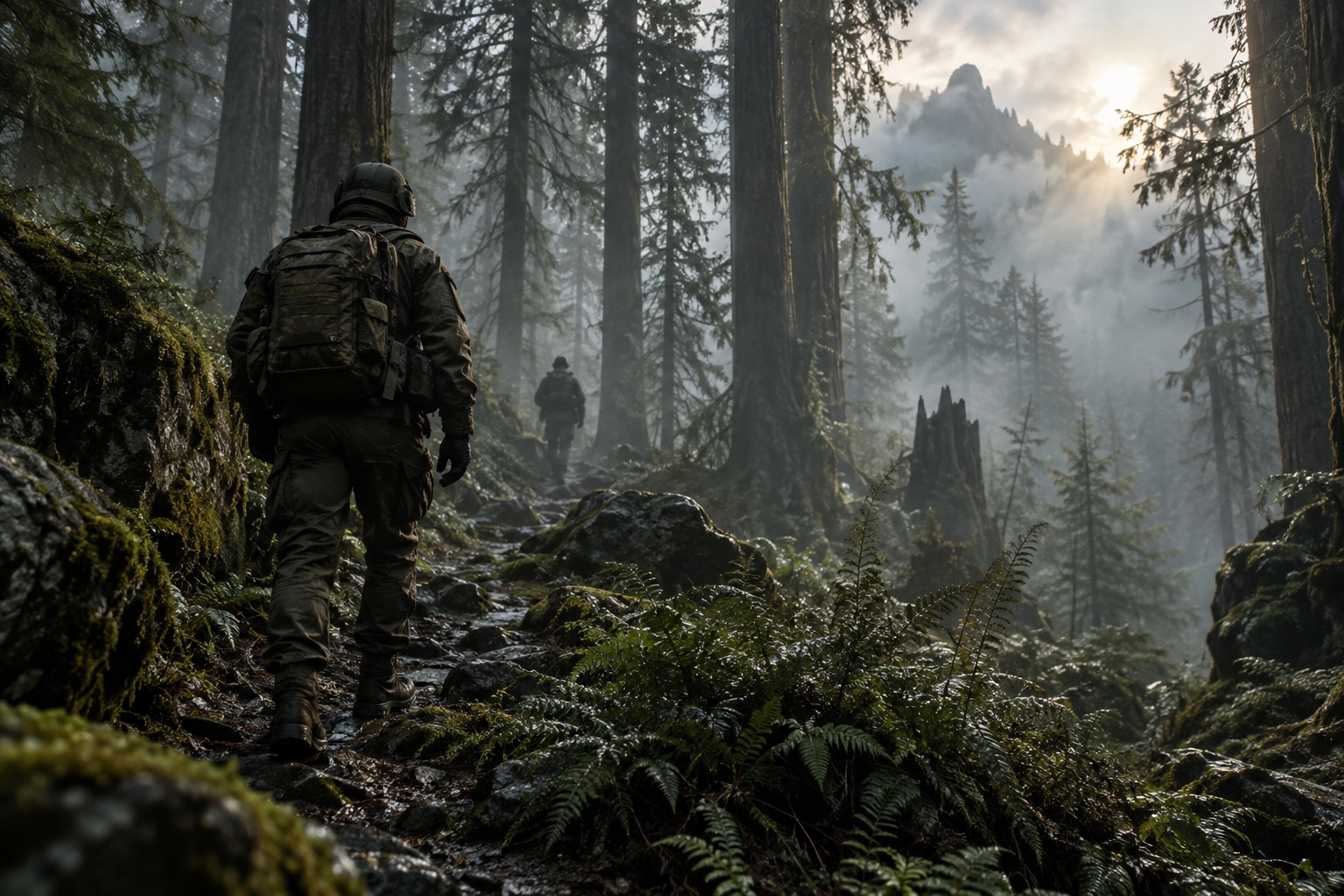 Two anonymous soldiers moving along a wet forest path through layers of morning mist